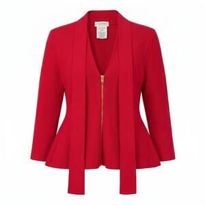 Scanlan Theodore Red Peplum Zip Blazer  | 3/4 Sleeves | V-Neck
